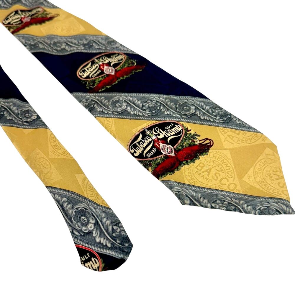 Tabasco Silk Necktie Gulf Shrimp Motif Made in USA 4 x 59 Retro Novelty Vintage